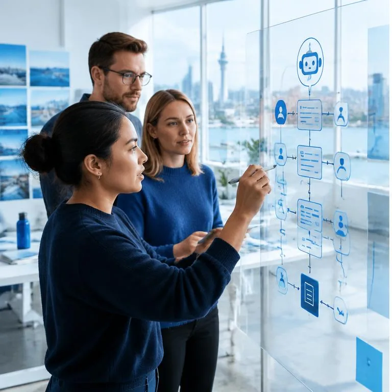 AIM Agent BuildLab specialists working together in a bright corporate environment