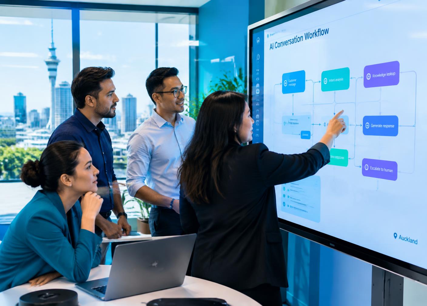 Team designing an AI conversation workflow on a touchscreen