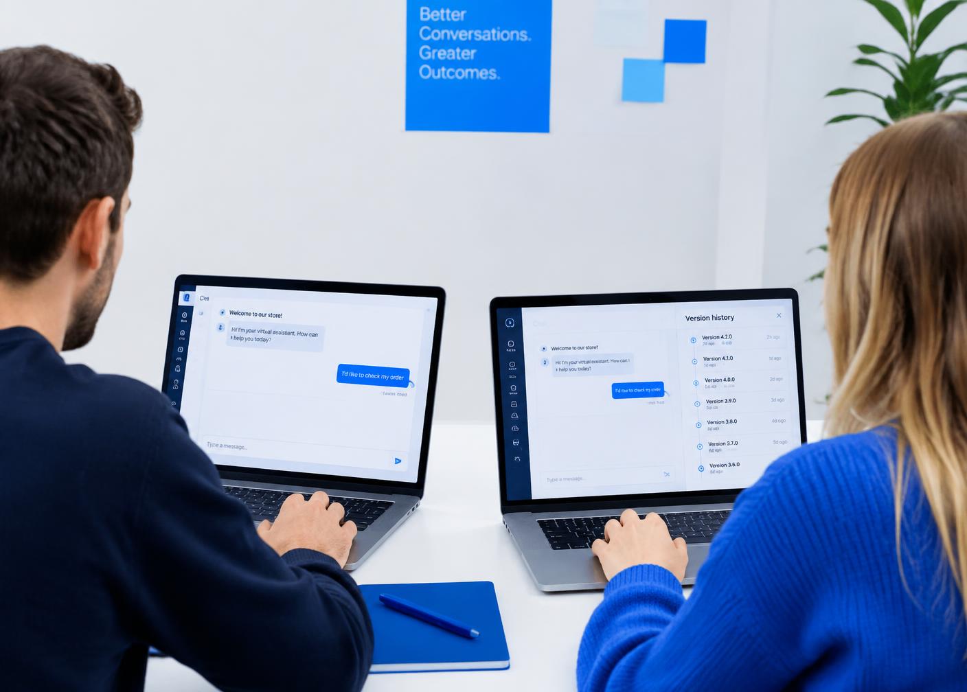 Two analysts testing a chatbot journey with version history