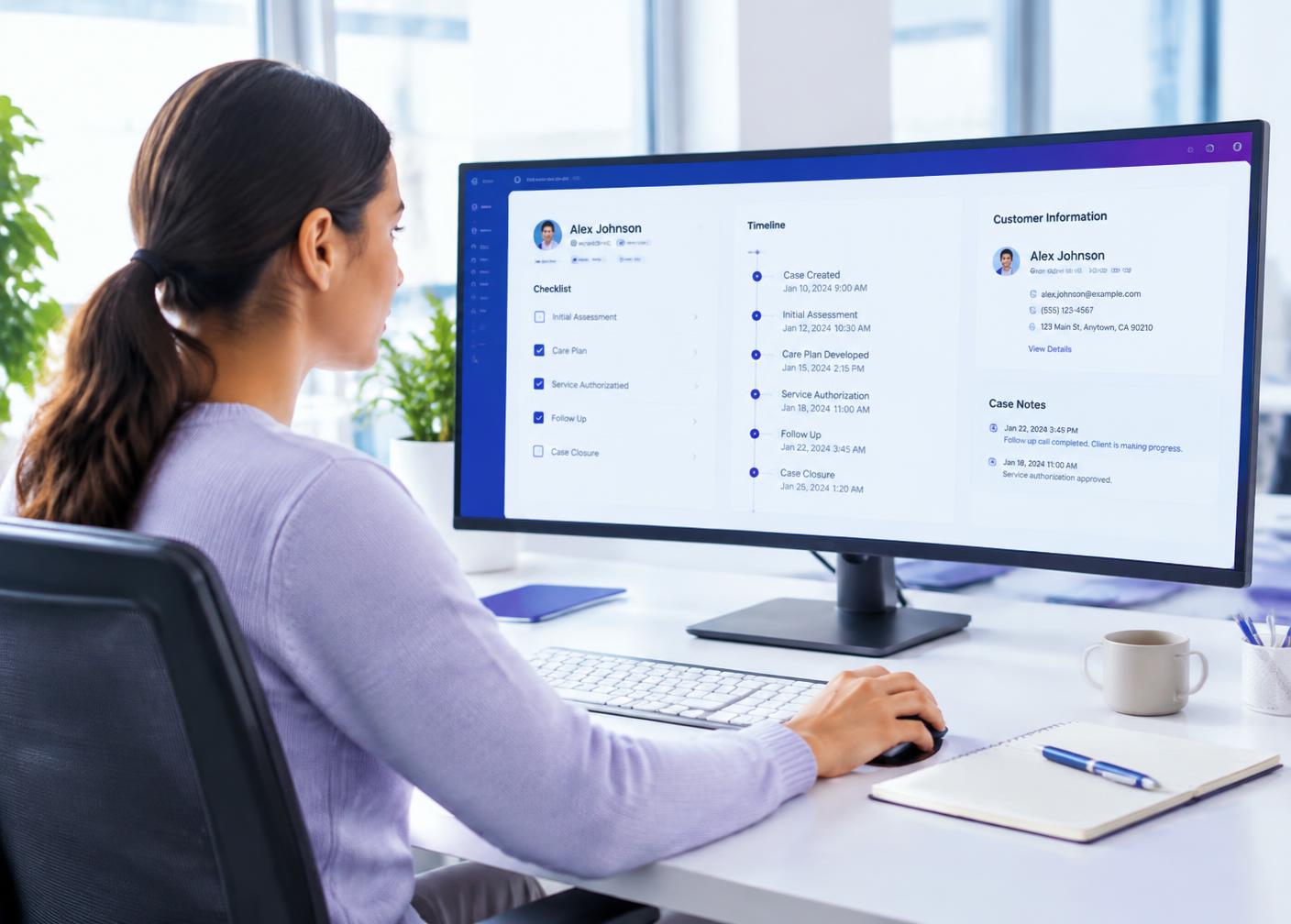 Case manager using a unified workspace with checklist and timeline