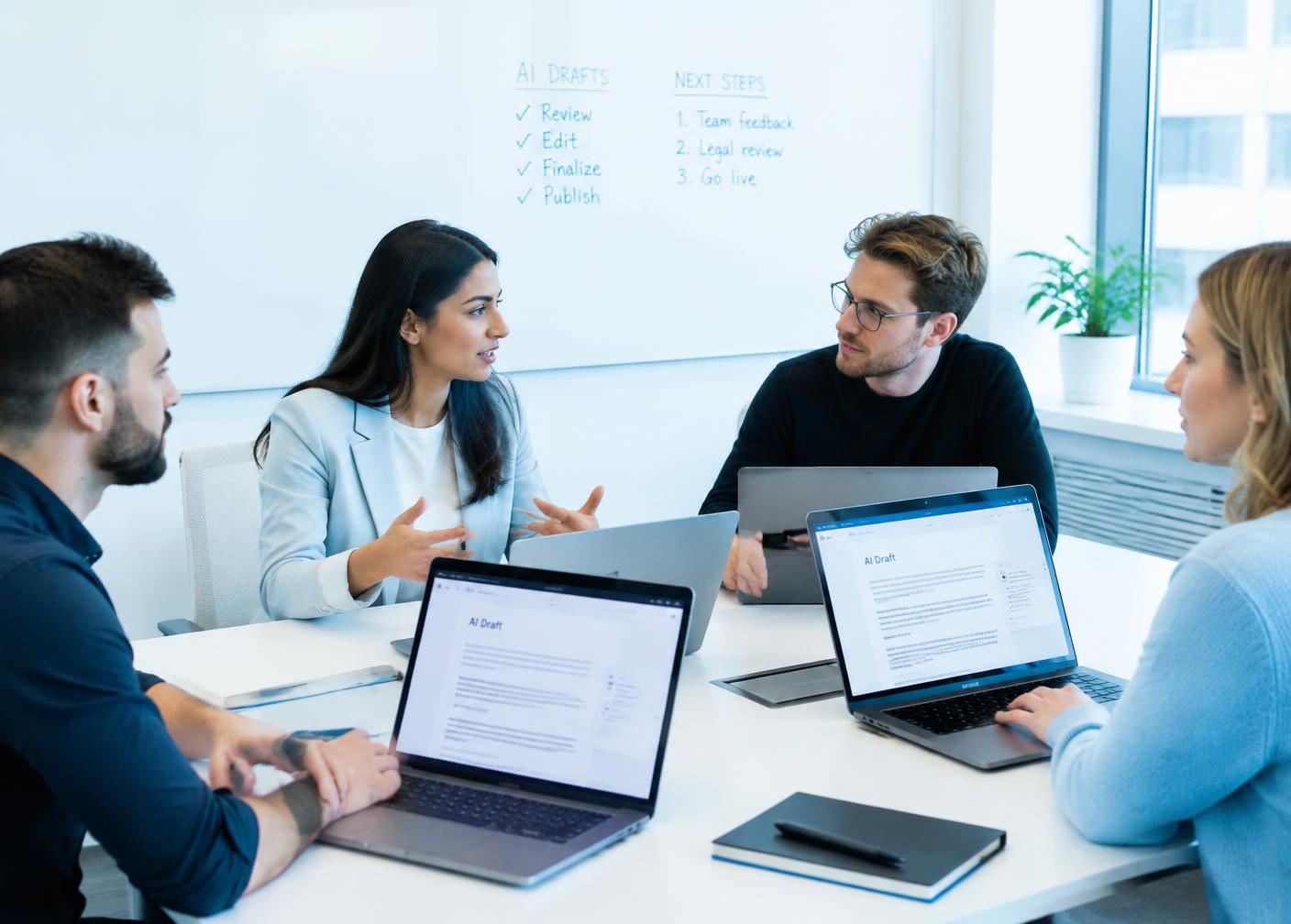Team reviewing AI-drafted documents around a meeting table