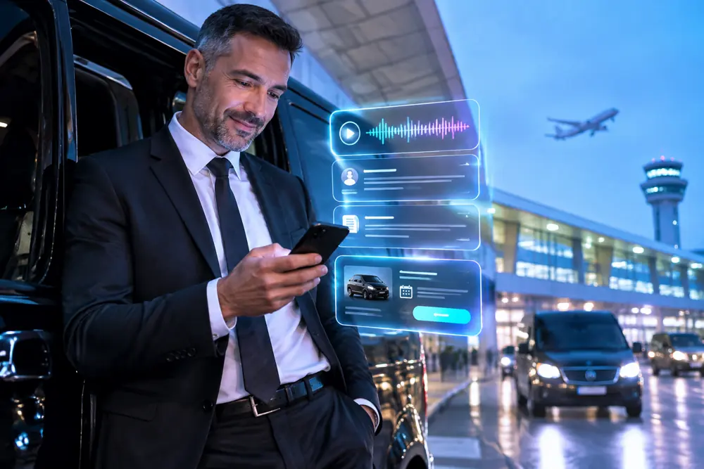 Airport transfer operators owner reviewing SAM call summaries and pre-booked jobs on a phone