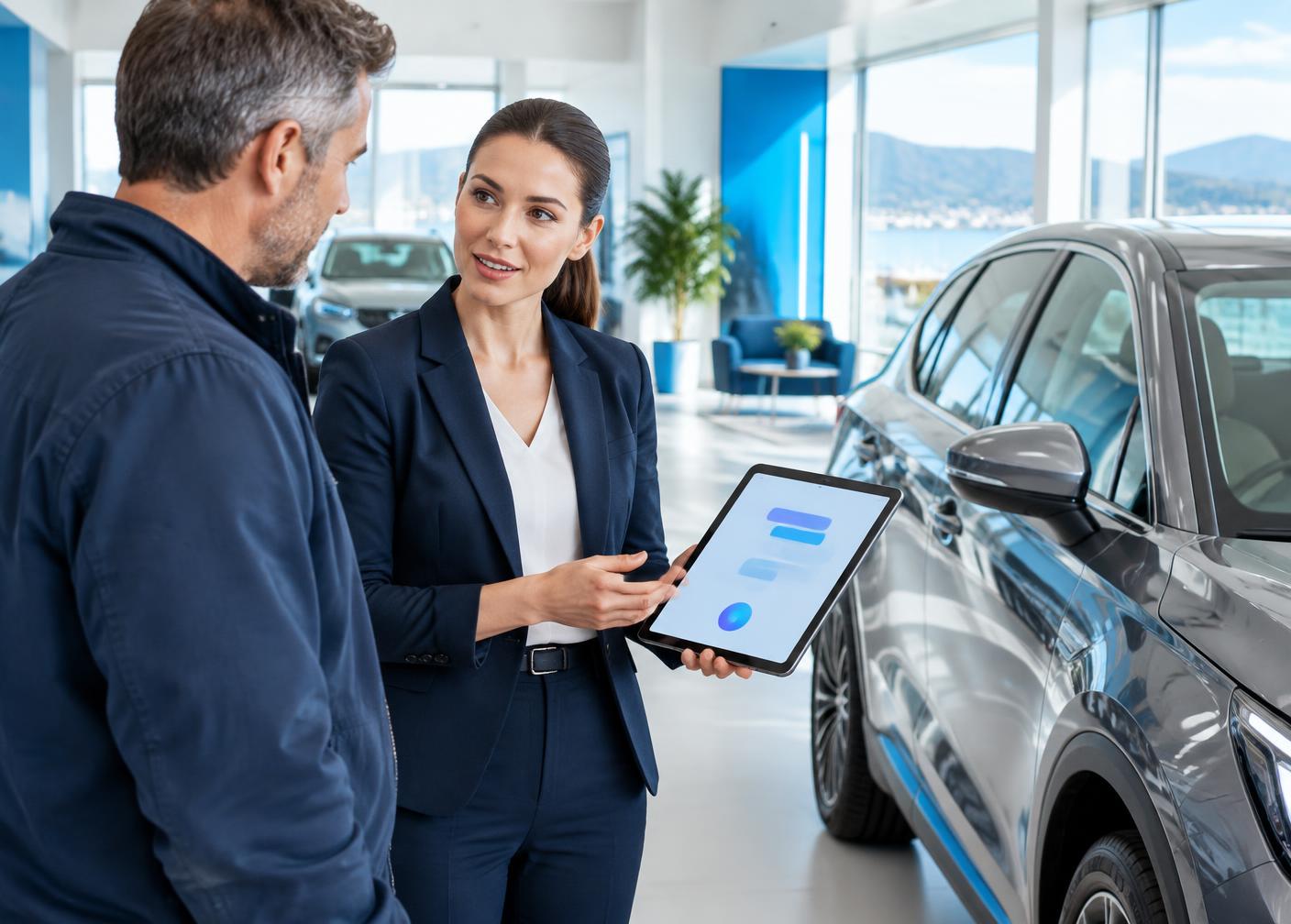 Dealership consultant assisting a customer beside a vehicle