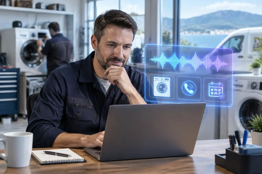 Business owner reviewing Voice AI conversation outcomes