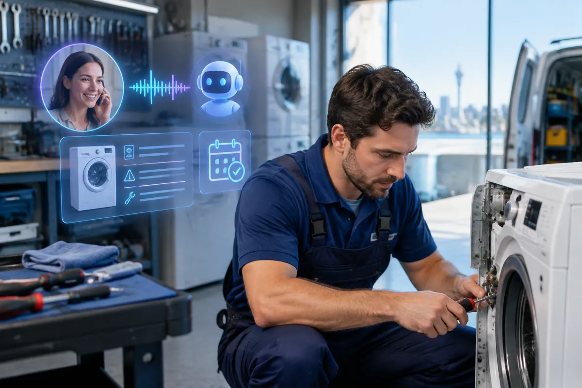 Appliance repair team at work while AIIT Voice AI answers customer calls