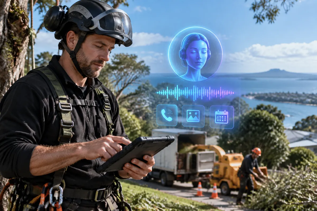 Arborists / tree services team at work while AIIT Voice AI answers customer calls