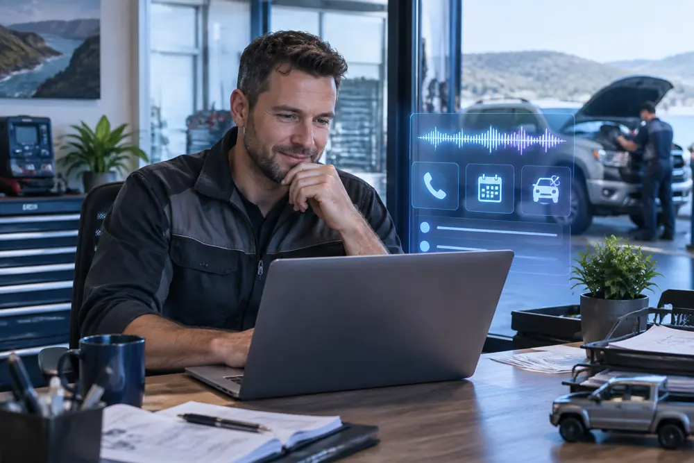 Business owner reviewing Voice AI conversation outcomes