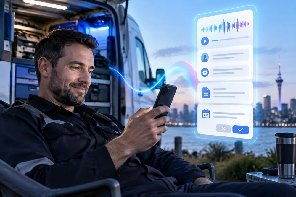 Auto electricians owner reviewing SAM call summaries and pre-booked jobs on a phone