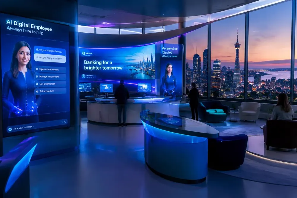 Bank customer service hub with AI digital employee screens
