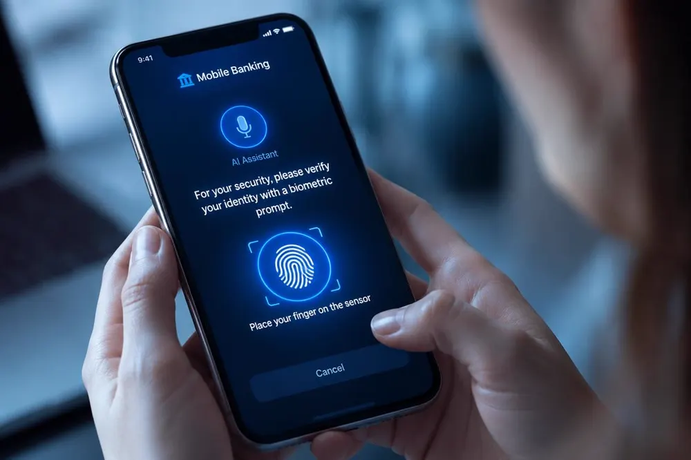 Customer verifying identity with a biometric prompt in a banking app