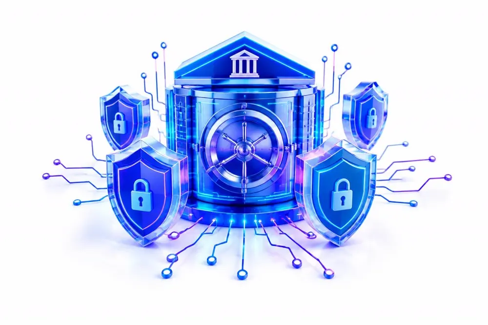 Illustration of a secure digital banking vault with shields