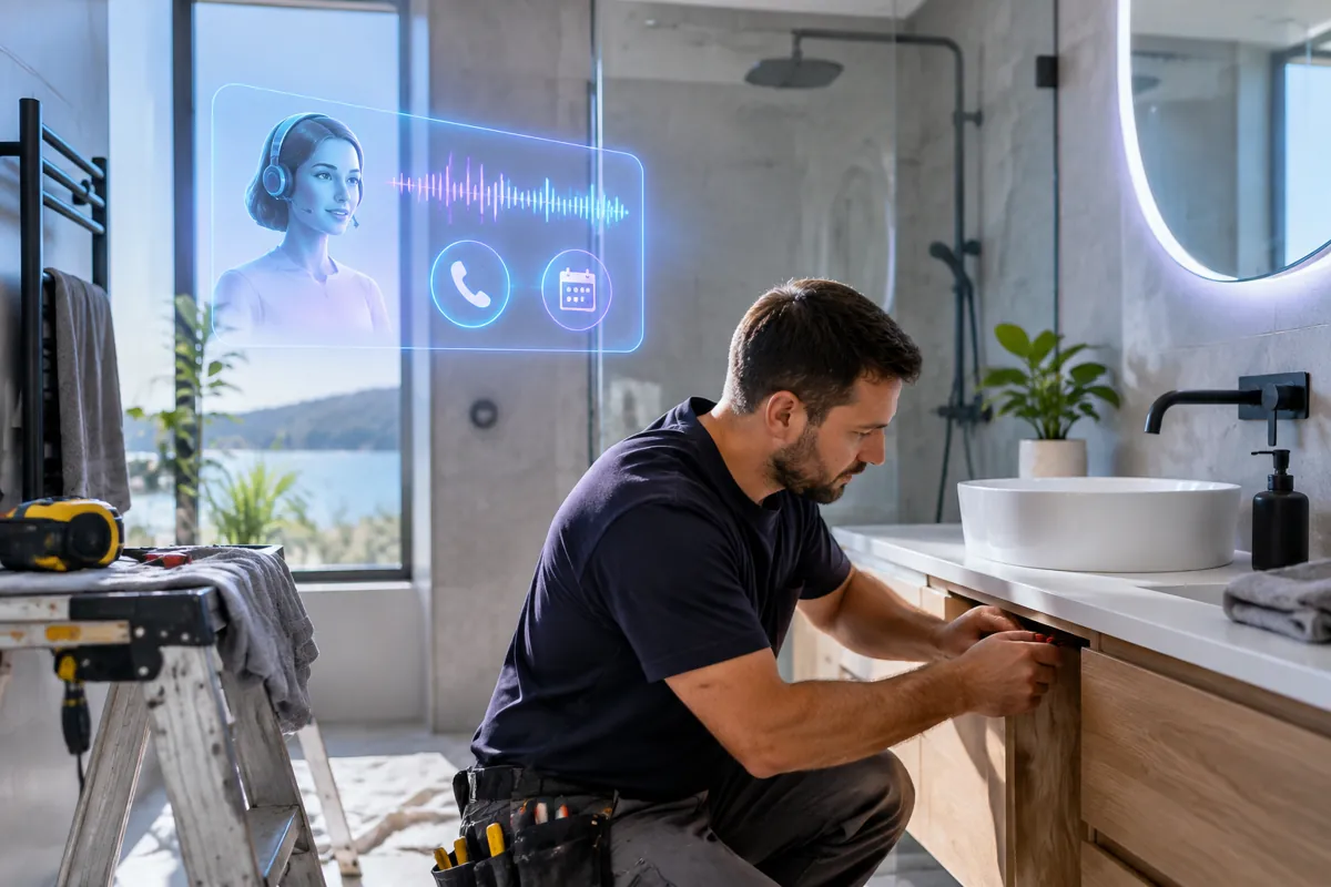 Bathroom renovators team at work while AIIT Voice AI answers customer calls