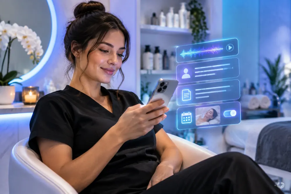 Beauty salons owner reviewing SAM call summaries and pre-booked jobs on a phone