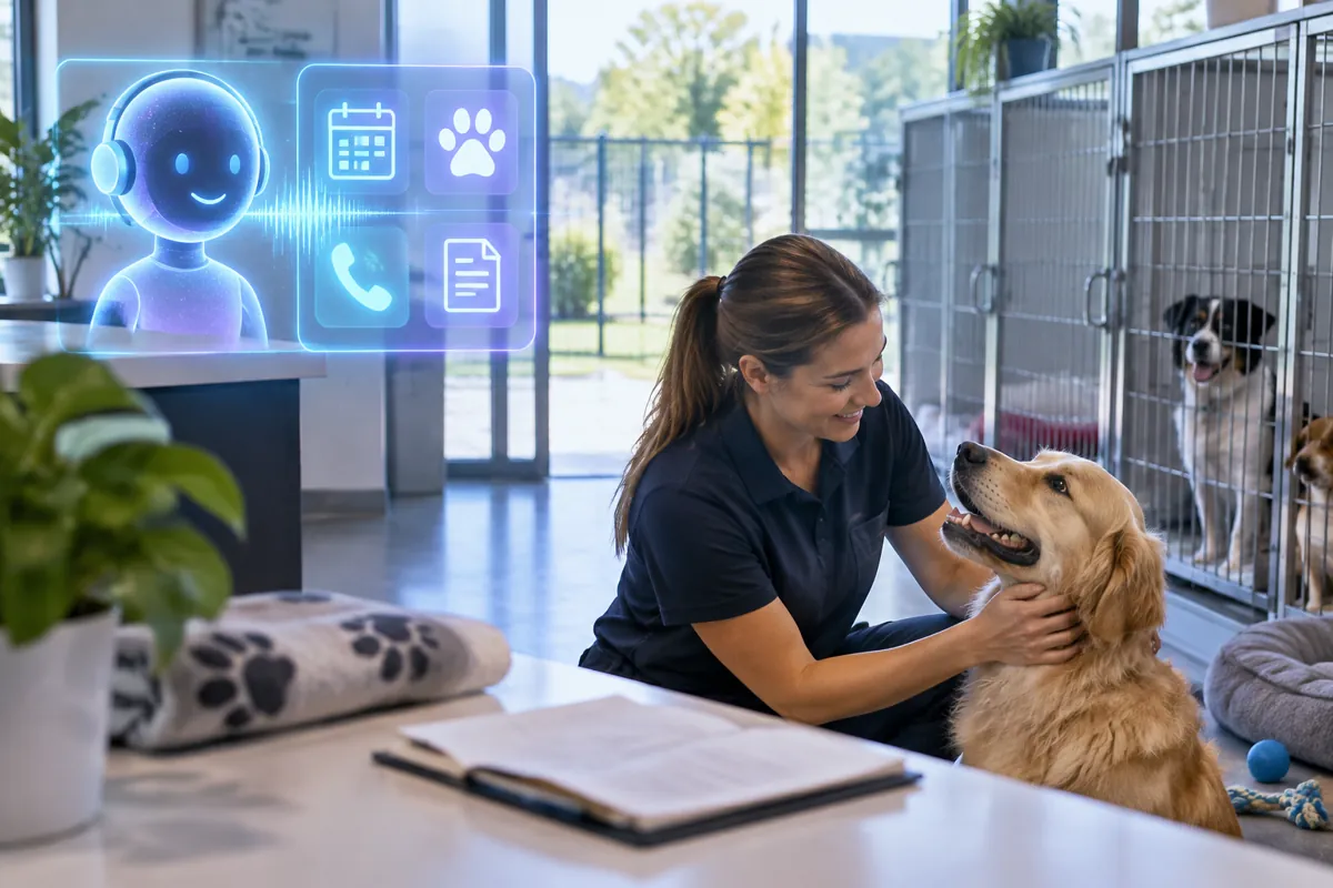 Boarding kennels team at work while AIIT Voice AI answers customer calls