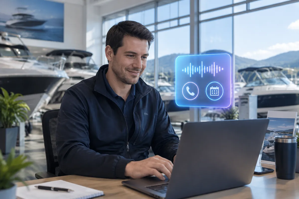 Boat dealers team at work while AIIT Voice AI answers customer calls