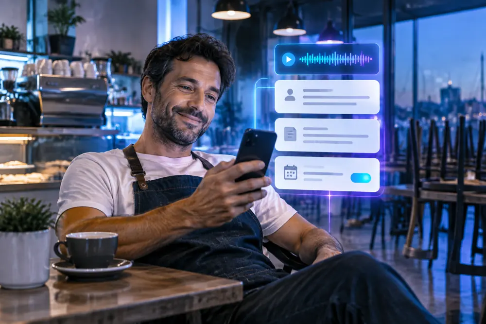 Cafés owner reviewing SAM call summaries and pre-booked jobs on a phone