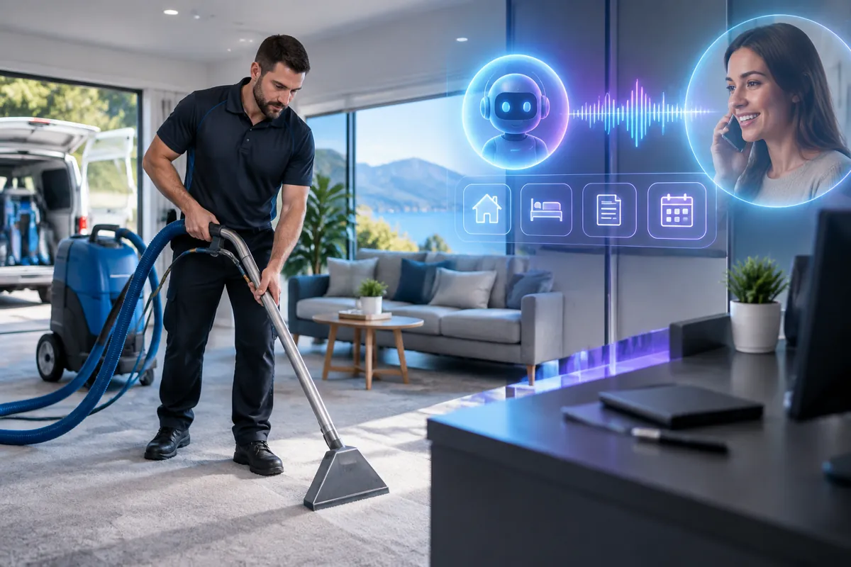 Carpet cleaners team at work while AIIT Voice AI answers customer calls