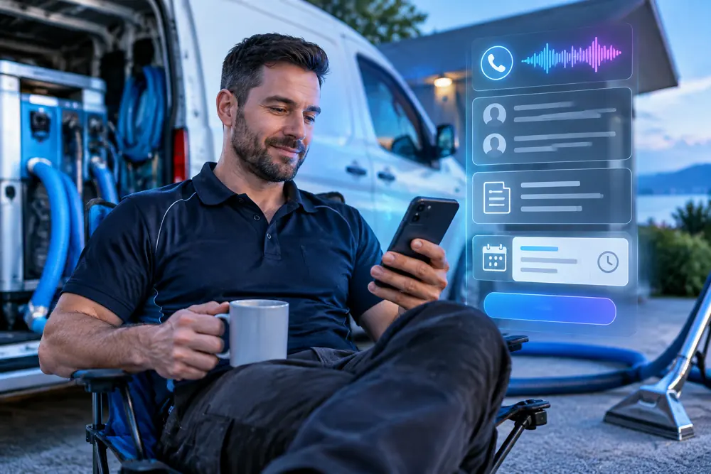 Carpet cleaners owner reviewing SAM call summaries and pre-booked jobs on a phone