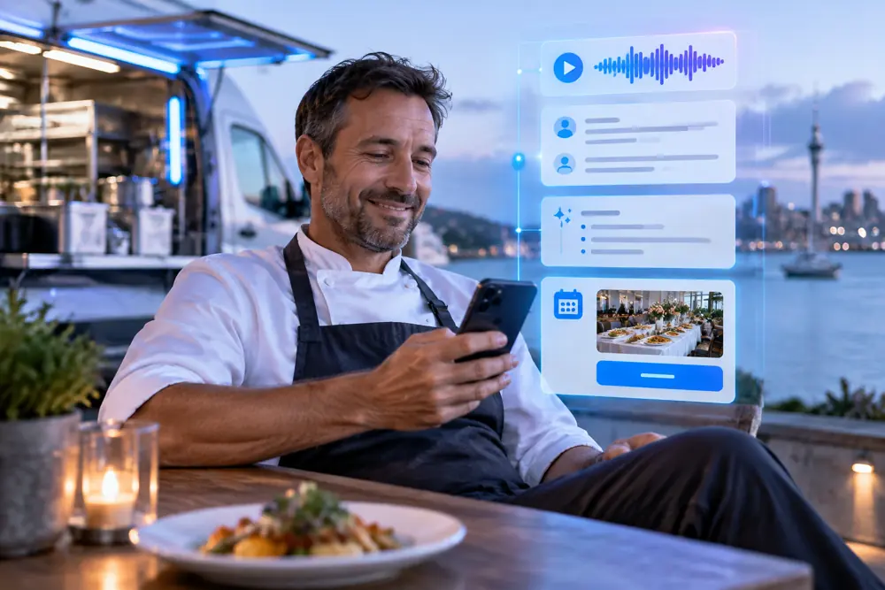 Caterers owner reviewing SAM call summaries and pre-booked jobs on a phone