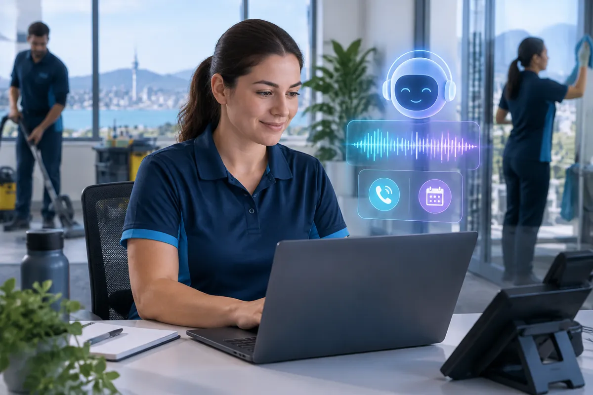 Cleaning companies team at work while AIIT Voice AI answers customer calls