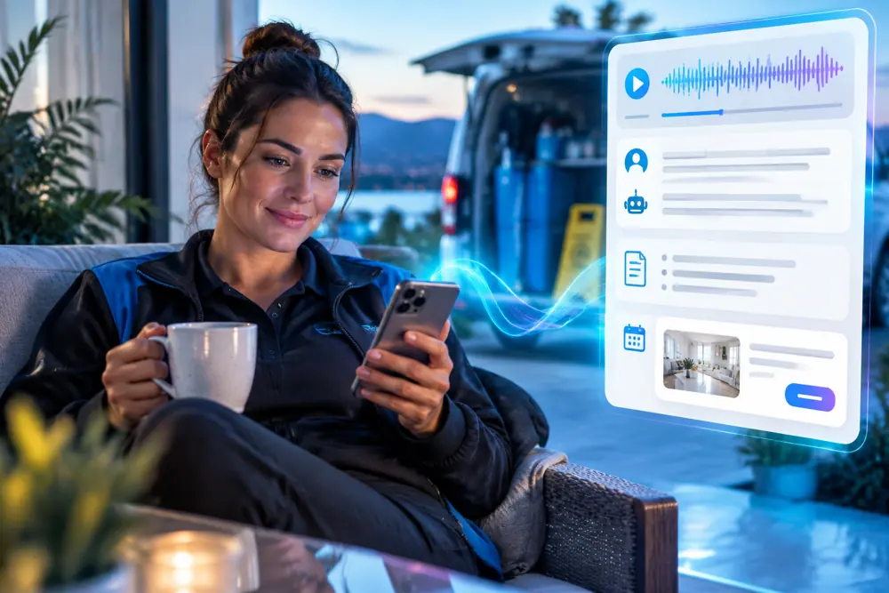 Cleaning companies owner reviewing SAM call summaries and pre-booked jobs on a phone