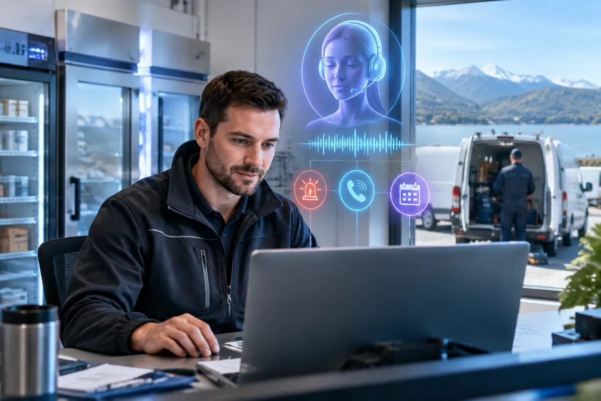 Commercial refrigeration team at work while AIIT Voice AI answers customer calls