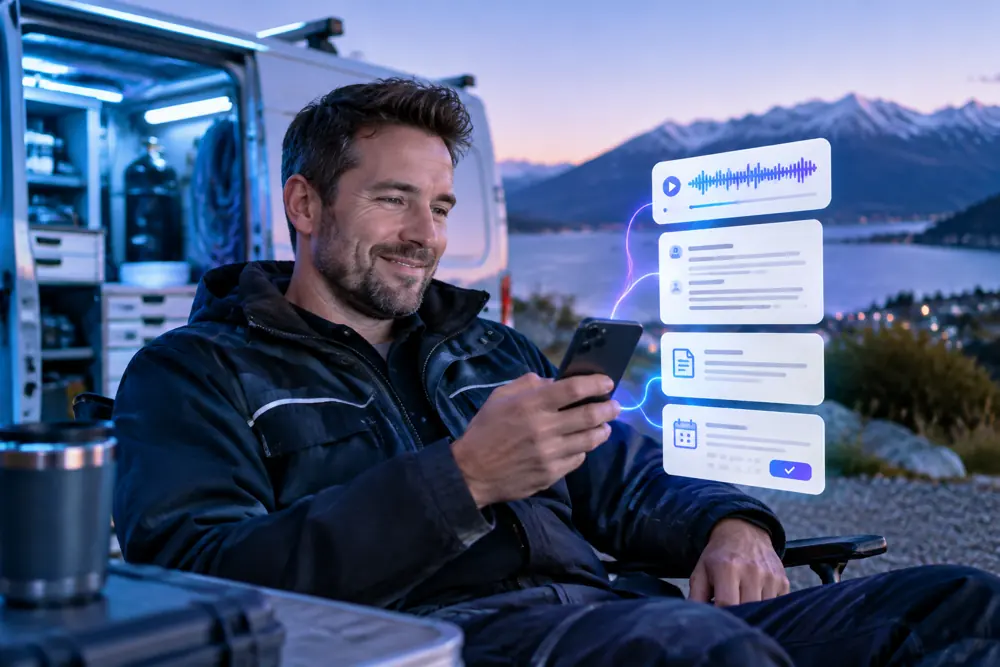 Commercial refrigeration owner reviewing SAM call summaries and pre-booked jobs on a phone