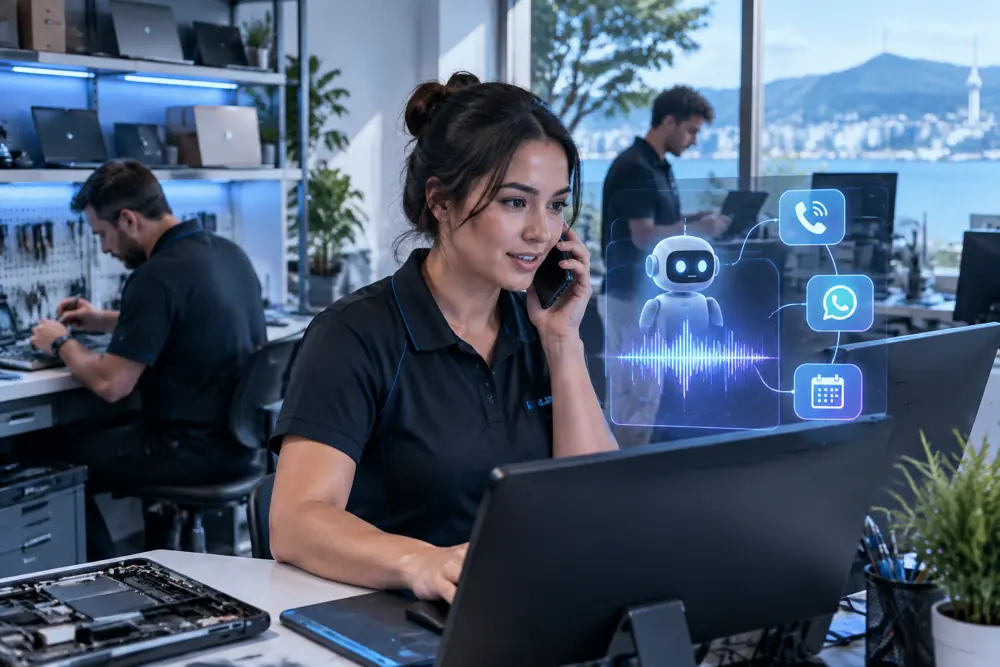 Computer repair shops workflow coordinated across channels