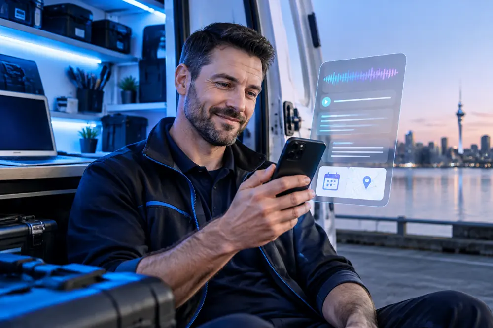 Computer repair shops owner reviewing SAM call summaries and pre-booked jobs on a phone