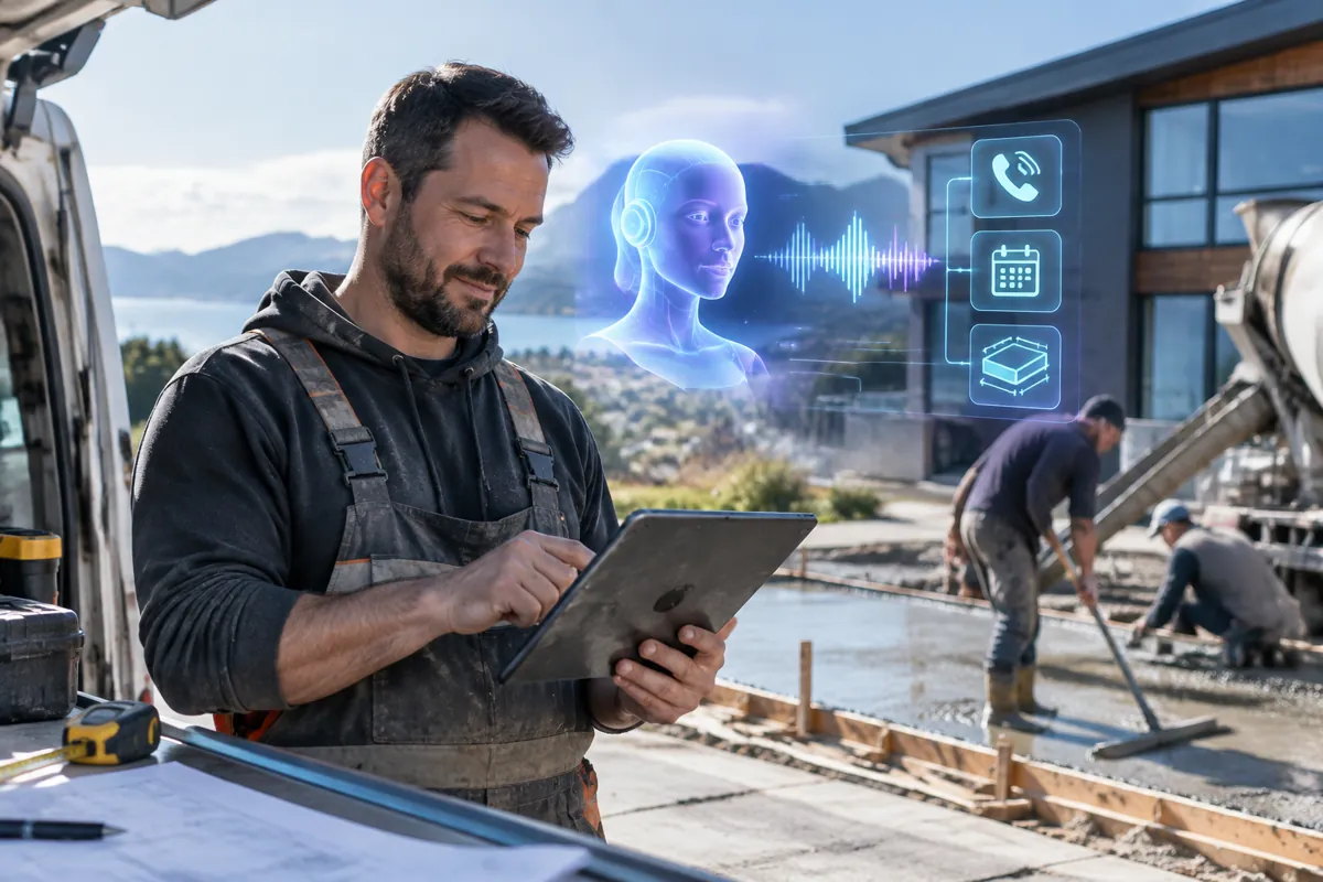Concrete contractors team at work while AIIT Voice AI answers customer calls