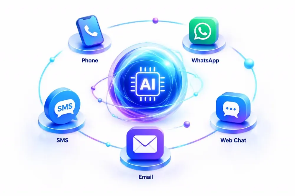 Omnichannel icons orbiting a central AI core