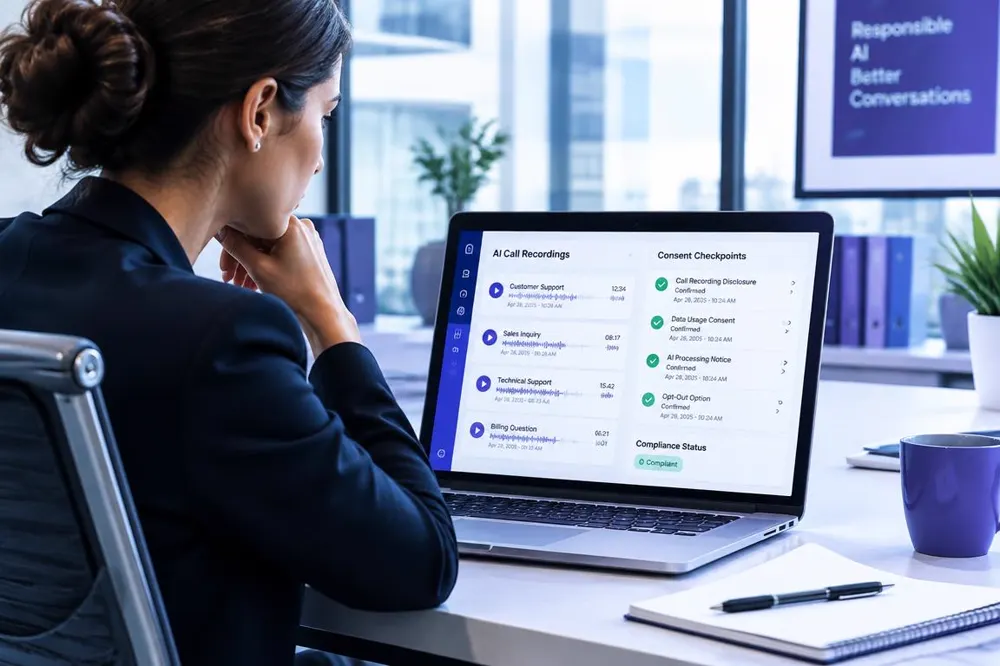 Compliance manager reviewing AI call recordings and consent checks