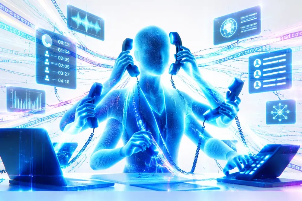Illustration of a digital employee handling many calls at once