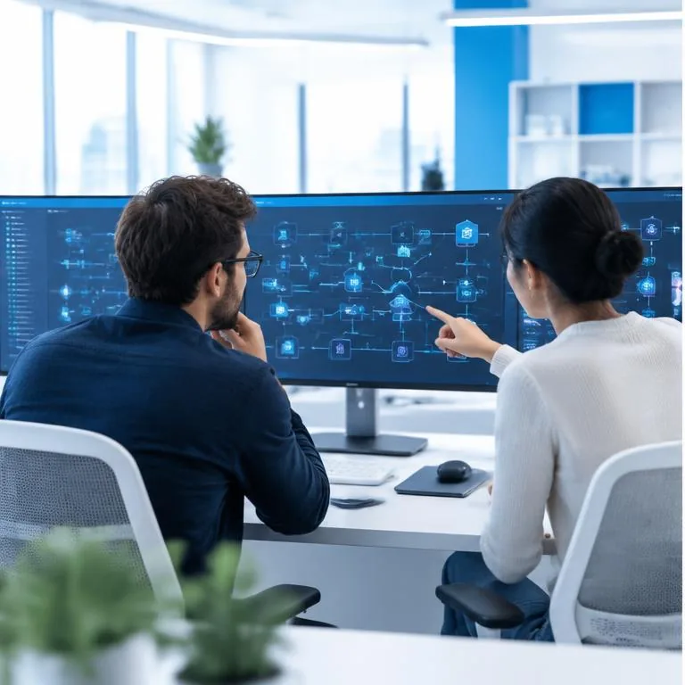 AI integration architecture specialists working together in a bright corporate environment