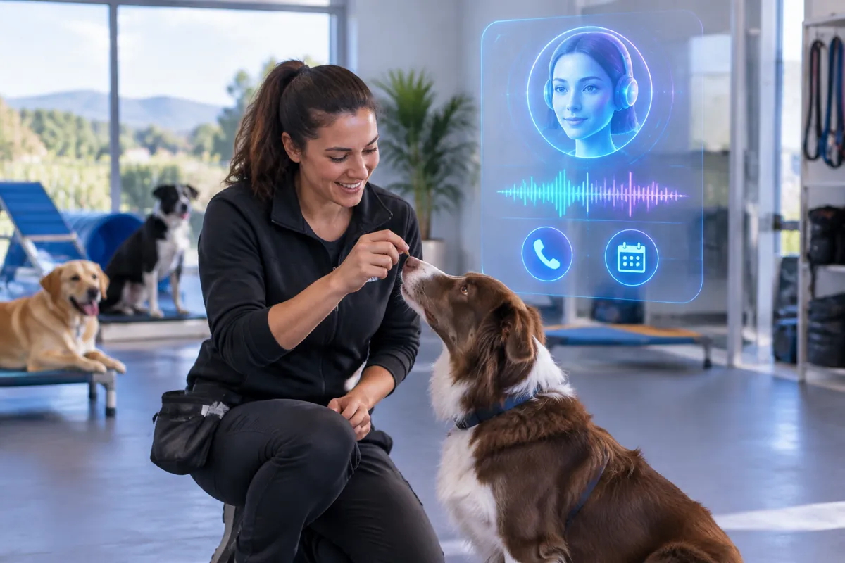 Dog trainers team at work while AIIT Voice AI answers customer calls