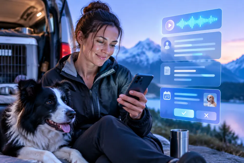 Dog trainers owner reviewing SAM call summaries and pre-booked jobs on a phone