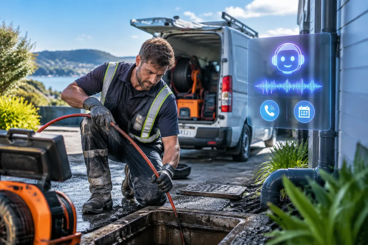 Drainlayers / Drain Unblocking team at work while AIIT Voice AI answers customer calls