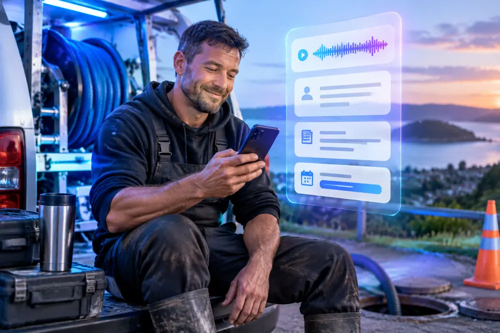 Drainlayers / Drain Unblocking owner reviewing SAM call summaries and pre-booked jobs on a phone