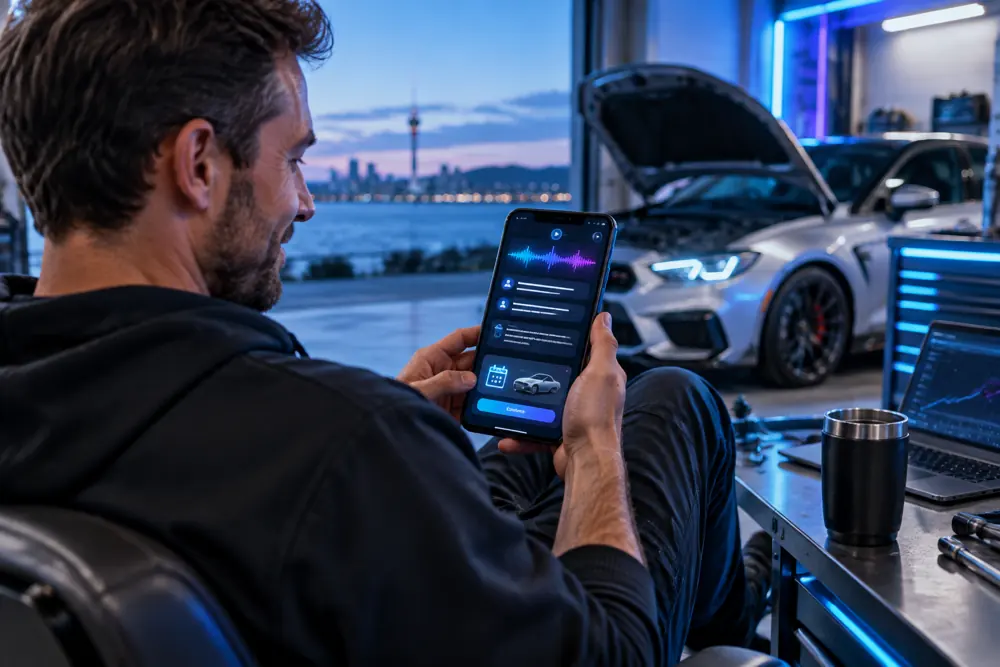 ECU tuning/remapping owner reviewing SAM call summaries and pre-booked jobs on a phone