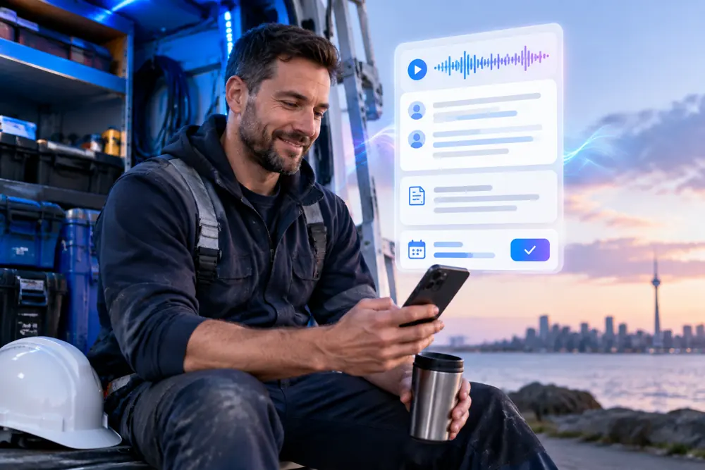 Electricians owner reviewing SAM call summaries and pre-booked jobs on a phone