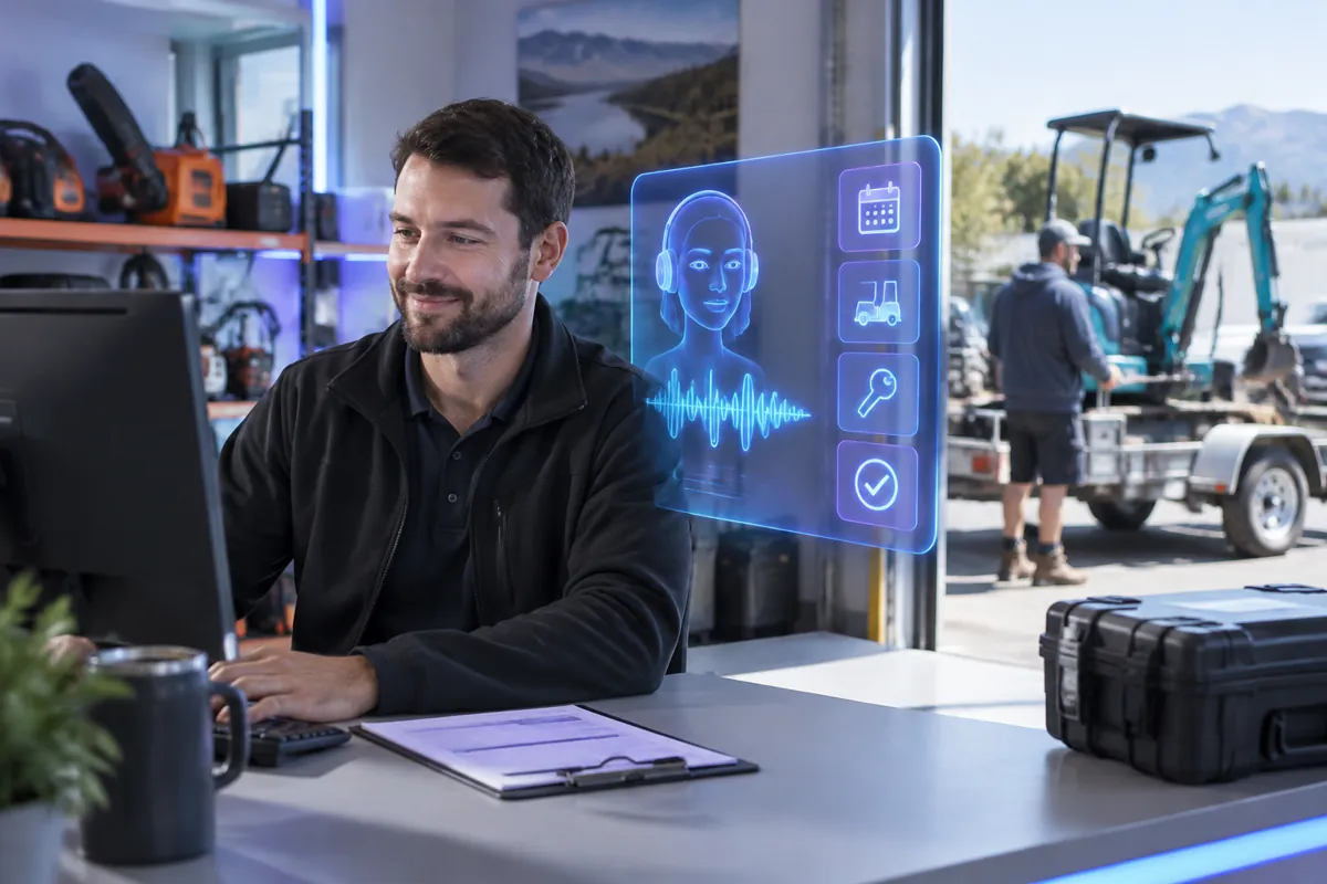 Equipment hire team at work while AIIT Voice AI answers customer calls