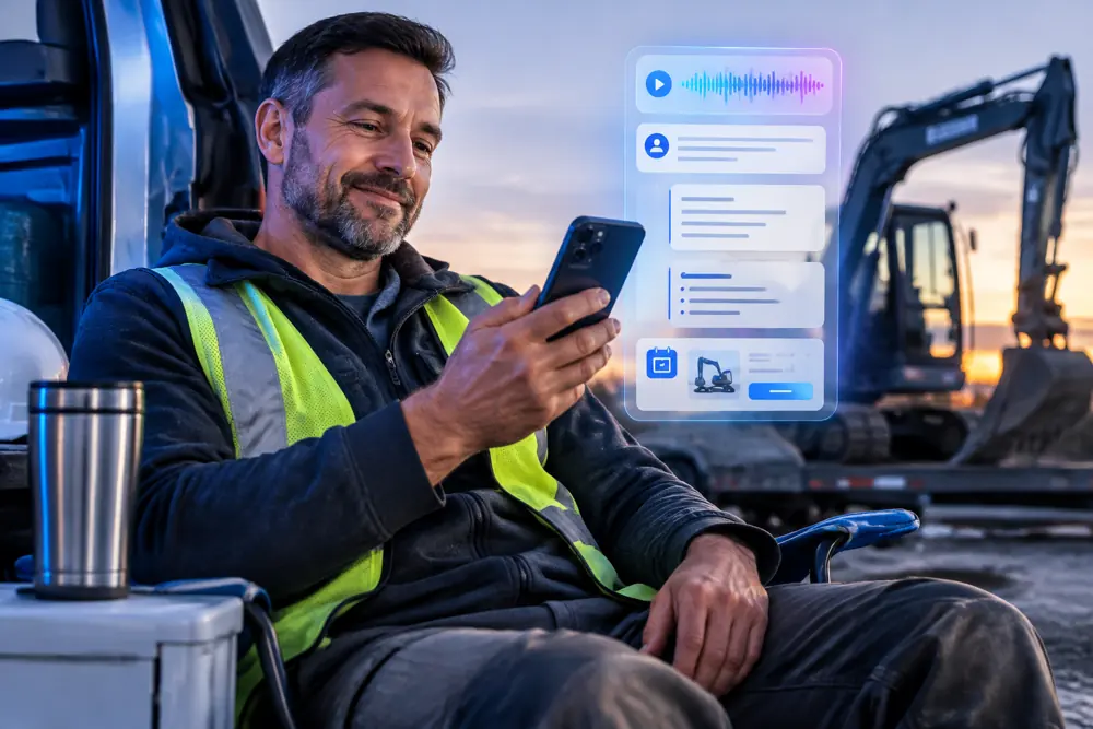 Equipment hire owner reviewing SAM call summaries and pre-booked jobs on a phone