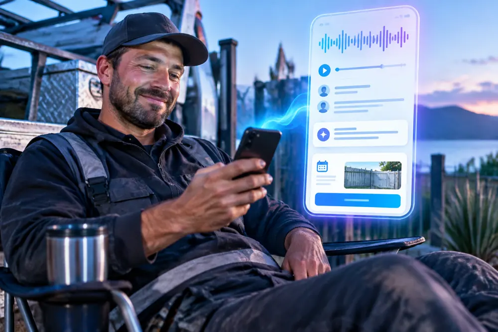 Fencing companies owner reviewing SAM call summaries and pre-booked jobs on a phone
