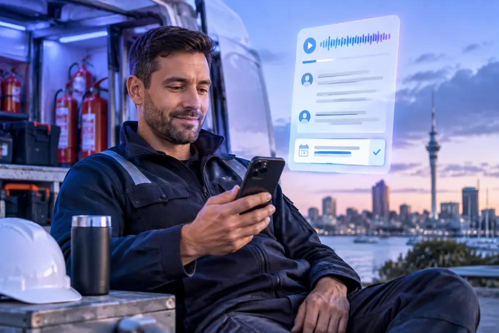 Fire-protection companies owner reviewing SAM call summaries and pre-booked jobs on a phone