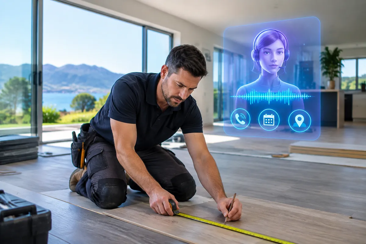 Flooring installers team at work while AIIT Voice AI answers customer calls