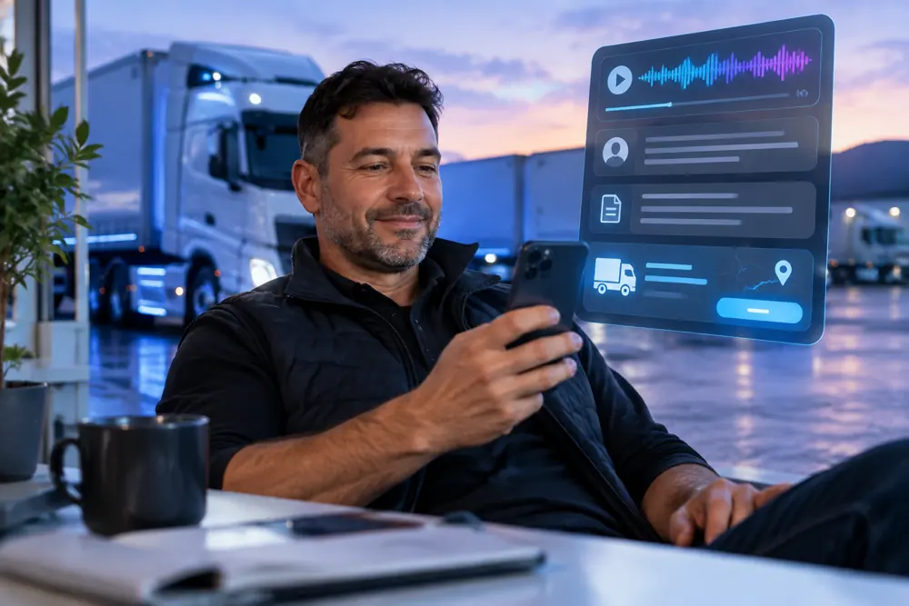 Freight operators owner reviewing SAM call summaries and pre-booked jobs on a phone