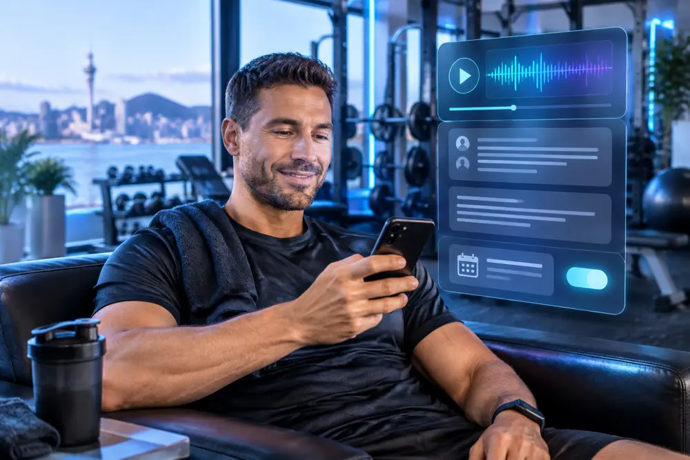 Gyms owner reviewing SAM call summaries and pre-booked jobs on a phone