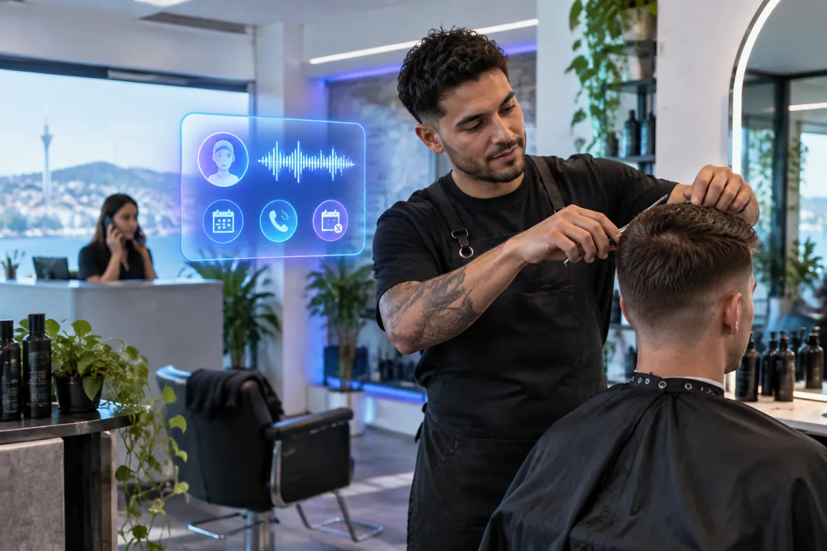 Hairdressers/barbers team at work while AIIT Voice AI answers customer calls