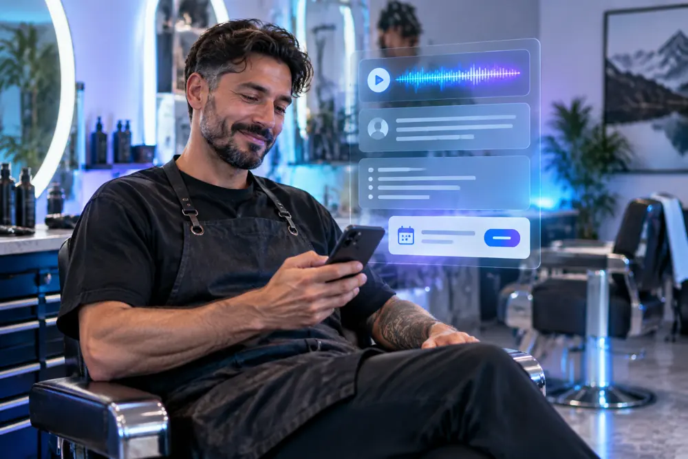 Hairdressers/barbers owner reviewing SAM call summaries and pre-booked jobs on a phone