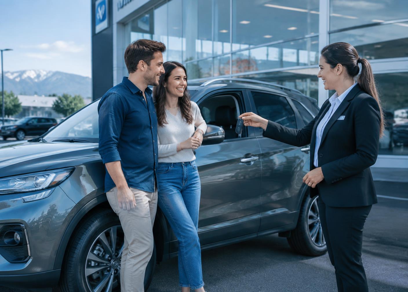 Consultant handing car keys to a couple outside a showroom